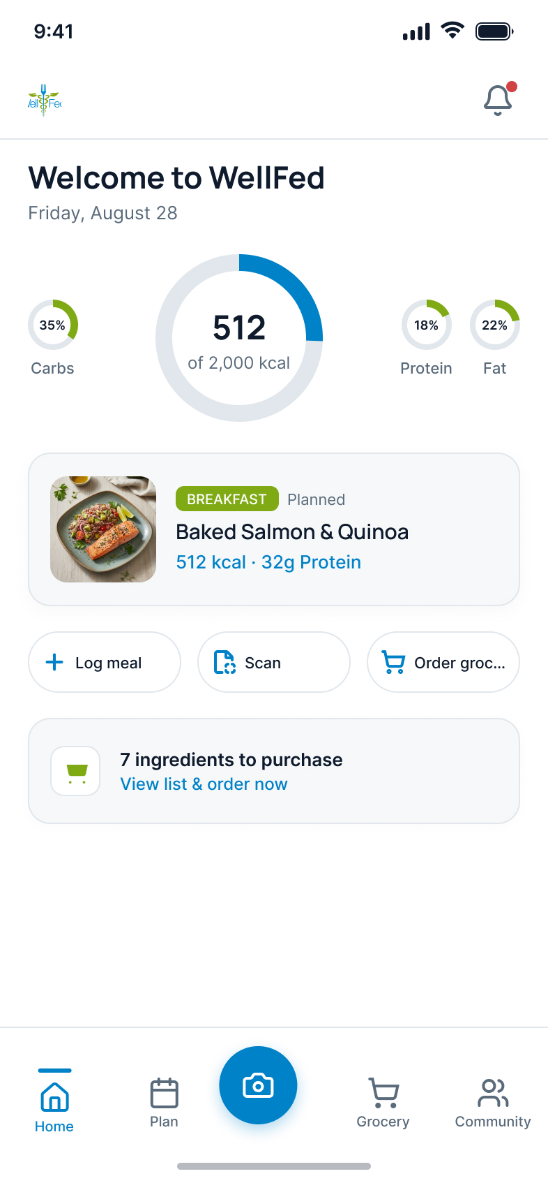 WellFed® home dashboard showing daily calorie ring and planned breakfast