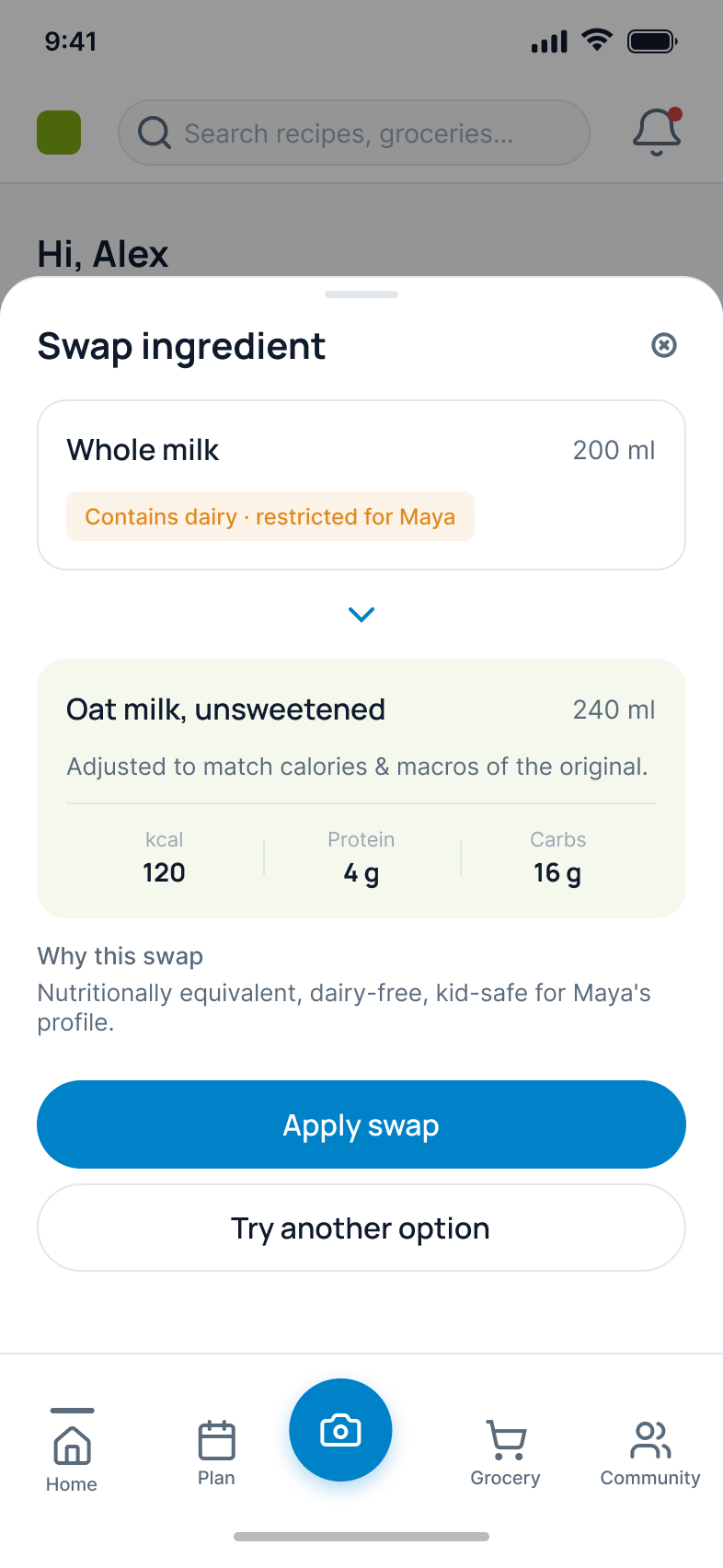 WellFed® ingredient swap screen suggesting oat milk as a dairy-free alternative
